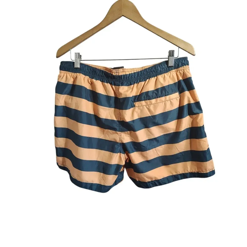 H&M Men’s Swim Trunks Striped Peach Tan Navy Elastic Waist Beach Shorts